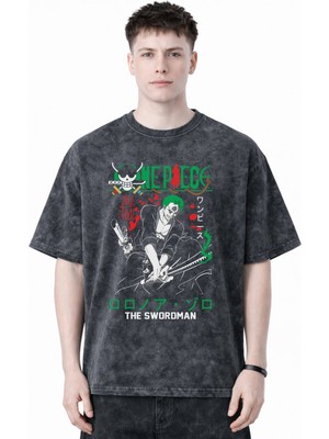 Sevbano The Swordman Roronoa Zoro One Piece Anime Baskılı Unisex Oversize Eskitme Yıkamalı Tişört