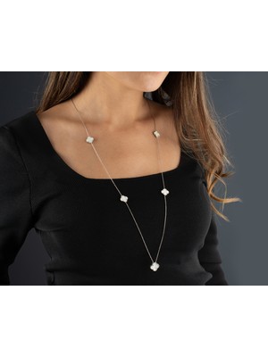 Sedef Taşlı 5 Motif Yonca Uzun Kolye 90 cm – 925 Ayar Gümüş Van Cleef Stil Yonca Kolye