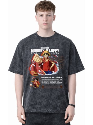 Sevbano Tasarım Monkey D. Luffy One Piece Anime Baskılı Unisex Oversize Eskitme Yıkamalı Tişört