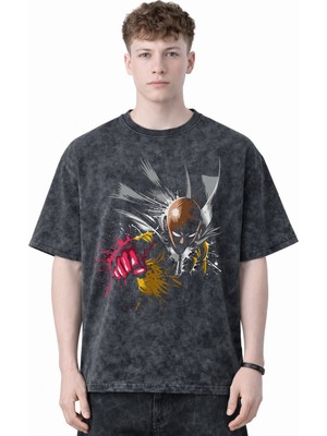 Sevbano Tasarım One Punch Man Anime Baskılı Unisex Oversize Eskitme Yıkamalı Tişört