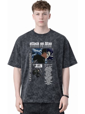 Sevbano Levi Ackerman Attack On Titan Anime Baskılı Unisex Oversize Eskitme Yıkamalı Tişört