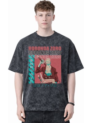 Sevbano Tasarım Roronoa Zoro One Piece Anime Baskılı Unisex Oversize Eskitme Yıkamalı Tişört