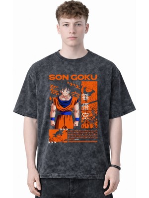 Sevbano Tasarım Son Goku Dragon Ball Anime Baskılı Unisex Oversize Eskitme Yıkamalı Tişört