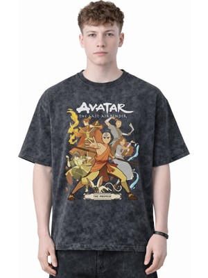 Sevbano Tasarım Avatar The Last Airbender Anime Baskılı Unisex Oversize Eskitme Yıkamalı Tişört