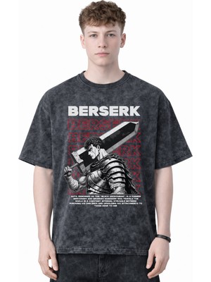 Sevbano Tasarım Berserk Guts Anime Baskılı Unisex Oversize Eskitme Yıkamalı Tişört