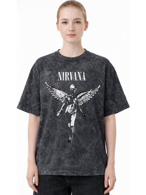 Sevbano Nirvana Rock Metal Müzik Grubu Baskılı Unisex Oversize Eskitme Yıkamalı Tişört