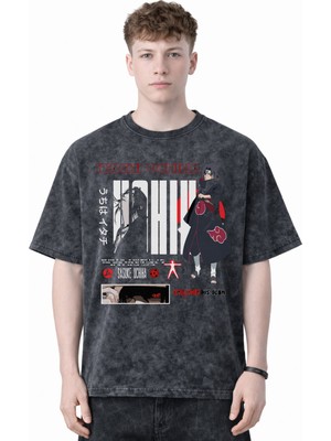 Sevbano Itachi Uchiha Sasuke Uchiha Naruto Anime Baskılı Unisex Oversize Eskitme Yıkamalı Tişört