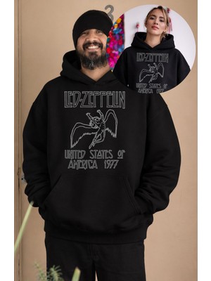 Fuddy Moda Unisex LED Zeppelin 1977 Baskılı Kapüşonlu Sweatshirt, Oversize Rock Band Temalı Hoodie
