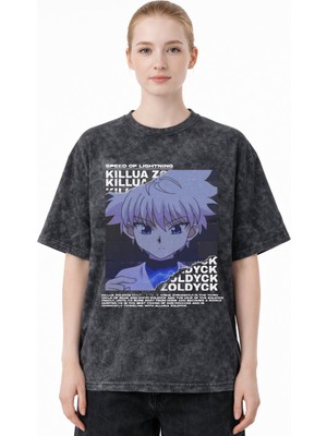 Sevbano Killua Zoldyck Hunter x Hunter Anime Baskılı Unisex Oversize Eskitme Yıkamalı Tişört