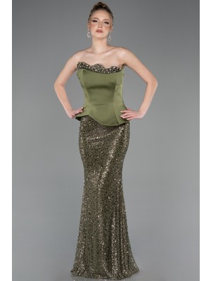 Abiyefon Saten Straplez Uzun Boncuklu Balık Abiye Elbise ABU5303