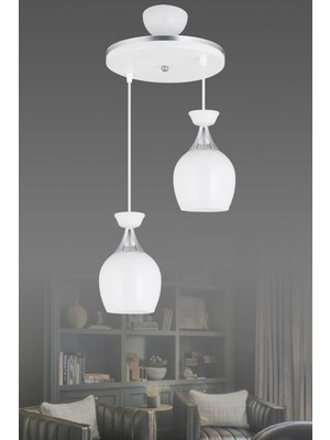 Allians Modern Beyaz Camlı Sarkıt Tepsi Çiftli Avize, Şeritli ve Şık Tasarım