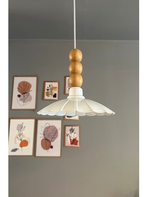 Allians Modern Beyaz Metal Avize, Ahşap Boncuk Detaylı, Mutfak ve Cafe Dekoru