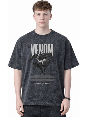 Sevbano Tasarım Venom Film Kahramanı Baskılı Unisex Oversize Eskitme Yıkamalı Tişört