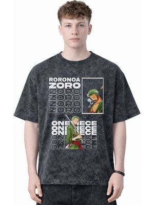 Sevbano Tasarım Roronoa Zoro One Piece Anime Baskılı Unisex Oversize Eskitme Yıkamalı Tişört