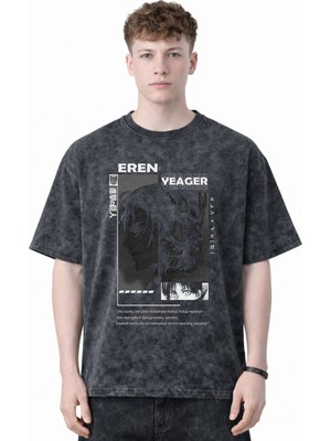 Sevbano Tasarım Eren Yeager Attack On Titan Anime Baskılı Unisex Oversize Eskitme Yıkamalı Tişört