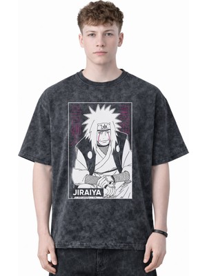 Sevbano Tasarım Jiraiya Naruto Anime Baskılı Unisex Oversize Eskitme Yıkamalı Tişört