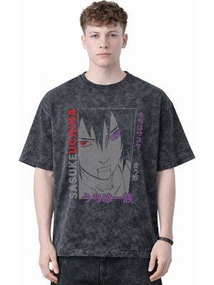 Sevbano Tasarım Sasuke Uchiha Naruto Anime Baskılı Unisex Oversize Eskitme Yıkamalı Tişört