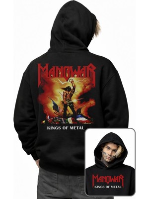 Fuddy Moda Unisex Oversize Kings Of Metal Manowar Sırt Baskılı Kapüşonlu Rock Band Sweatshirt