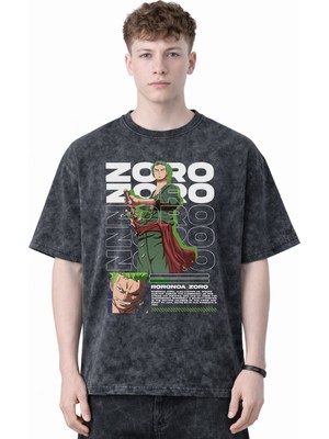 Sevbano Tasarım Roronoa Zoro One Piece Anime Baskılı Unisex Oversize Eskitme Yıkamalı Tişört