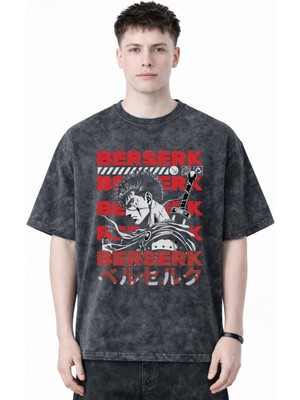 Sevbano Berserk Guts Anime Baskılı Unisex Oversize Eskitme Yıkamalı Tişört