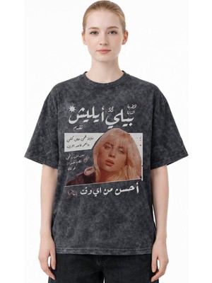 Sevbano Tasarım Billie Eilish Şarkıcı Baskılı Unisex Oversize Eskitme Yıkamalı Tişört