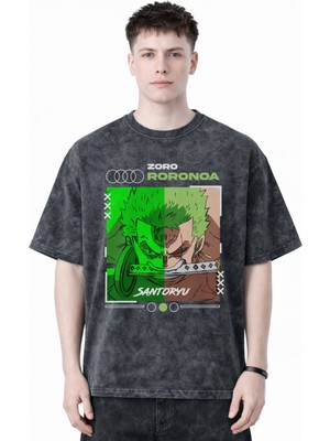 Sevbano Roronoa Zoro One Piece Anime Baskılı Unisex Oversize Eskitme Yıkamalı Tişört