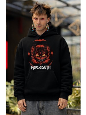 Fuddy Moda Unisex Oversize Megadeth Horror Cat Baskılı Kapüşonlu Rock Band Sweatshirt