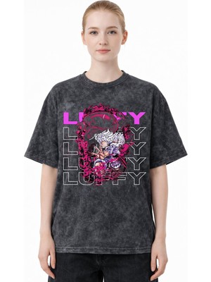 Sevbano Monkey D. Luffy One Piece Anime Baskılı Unisex Oversize Eskitme Yıkamalı Tişört