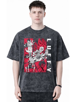 Sevbano Monkey D. Luffy One Piece Anime Baskılı Unisex Oversize Eskitme Yıkamalı Tişört