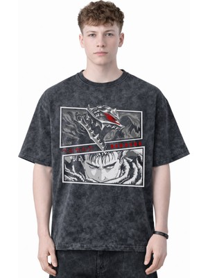Sevbano Tasarım Berserk Guts Anime Baskılı Unisex Oversize Eskitme Yıkamalı Tişört