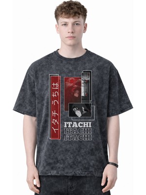 Sevbano Itachi Uchiha Naruto Anime Baskılı Unisex Oversize Eskitme Yıkamalı Tişört