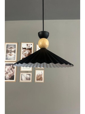 Allians Modern Siyah Metal Avize, Ahşap Detaylı Sarkıt Aydınlatma