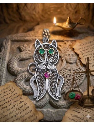 MSZ Silver 925 Ayar Gümüş Telkari Kedi Kolye Ucu – Taşlı Otantik Büyük Boy Kedi Figürlü Kadın Kolye Ucu