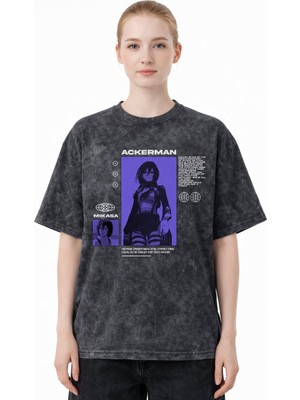 Sevbano Tasarım Mikasa Ackerman Attack On Titan Anime Baskılı Unisex Oversize Eskitme Yıkamalı Tişört