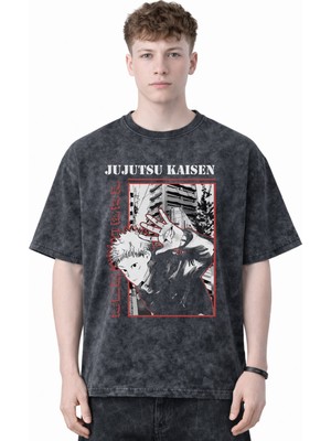 Sevbano Tasarım Jujutsu Kaisen Itadori Yuji Anime Baskılı Unisex Oversize Eskitme Yıkamalı Tişört