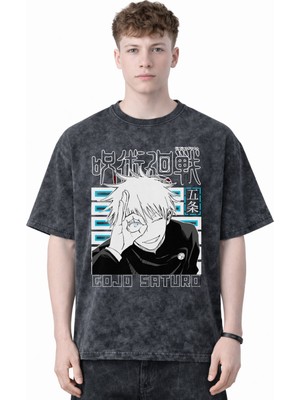 Sevbano Tasarım Satoru Gojo Jujutsu Kaisen Anime Baskılı Unisex Oversize Eskitme Yıkamalı Tişört