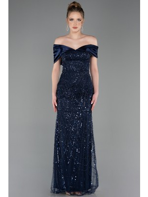 Abiyefon Saten Kayık Yaka Uzun Boncuklu Abiye Elbise ABU5400