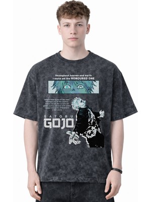 Sevbano Gojo Satoru Jujutsu Kaisen Anime Baskılı Unisex Oversize Eskitme Yıkamalı Tişört