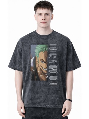 Sevbano Roronoa Zoro One Piece Anime Baskılı Unisex Oversize Eskitme Yıkamalı Tişört