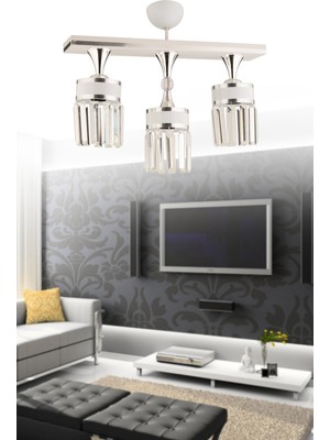 Allians Modern 3'lü Beyaz Krom Yaldızlı Kristal Taşlı Avize