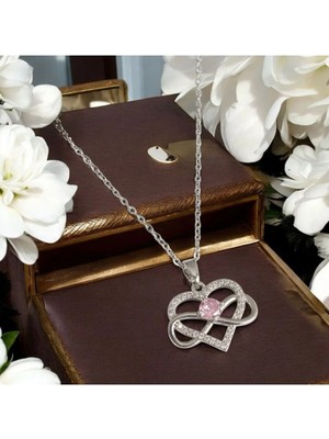 Rafiel Pembe Taş Detaylı, Zirkon Işıltılı Kalp ve Sonsuzluk Gümüş Çelik Kolye