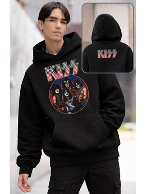 Fuddy Moda Unisex Kiss Ense Baskılı Kapüşonlu Sweatshirt, Oversize Rock Band Temalı Hoodie