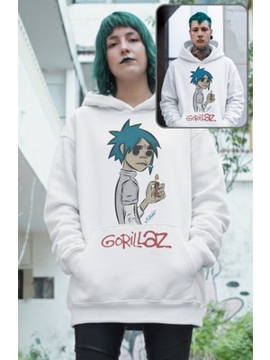 Fuddy Moda Unisex Gorillaz Kanguru Cep Baskılı Kapüşonlu Sweatshirt, Oversize Müzik Grubu Temalı Hoodie