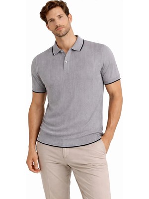 Alfanora Erkek Düğmeli Yaka Triko Dokuma Tişört Desenli Yazlık Şık Günlük Triko Tişört - Gri