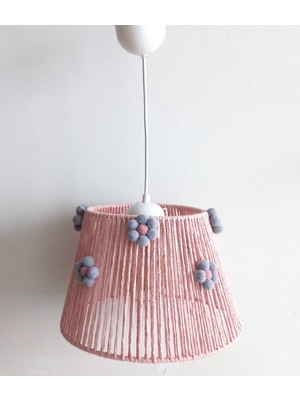 Allians Pembe Makrome Ip Sargı, Gri Pembe Çiçek Ponponlu Çocuk Odası Avize