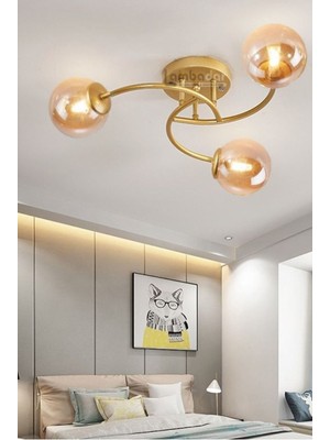 Allians Modern Gold Üçlü Plafonyer, Bal Camlı Şık Tavan Aydınlatması