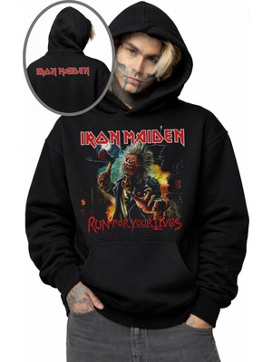 Fuddy Moda Unisex Oversize Iron Maiden Run For Your Lives Ense Baskılı Kapüşonlu Rock Band Sweatshirt