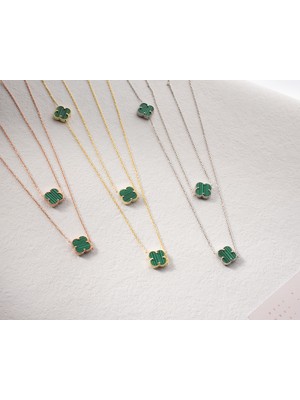 Malahit Taşlı 5 Motif Yonca Kolye – 925 Ayar Gümüş Van Cleef Stil Yonca Kolye