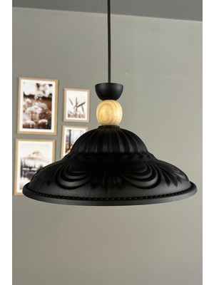 Allians Modern Siyah Metal Avize, Ahşap Detaylı Sarkıt Aydınlatma