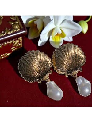 Rafiel Inci Sarkıtlı Deniz Kabuğu Küpeler - Altın Kaplama, Barok Inci Detaylı Deniz Esintili Şıklık